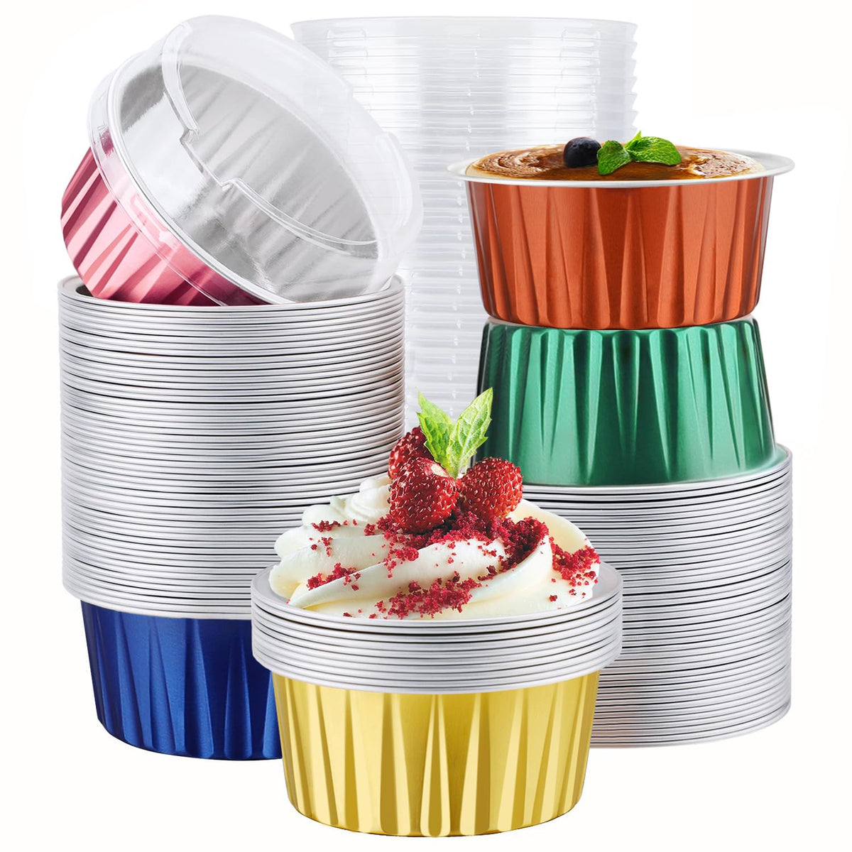 EUSOAR Cupcake Liners for Baking, 50pcs 5oz Muffin Liners, Disposable Foil Ramekins, Dessert Containers, Aluminum Foil Baking Cupcake Cups Holders Pans with Lids 5 Colors Mixed