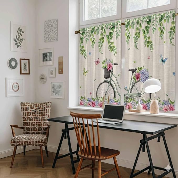 Farmhouse Spring Kitchen Curtains, Retro Bicycles Flowers Vines Butterfly Light