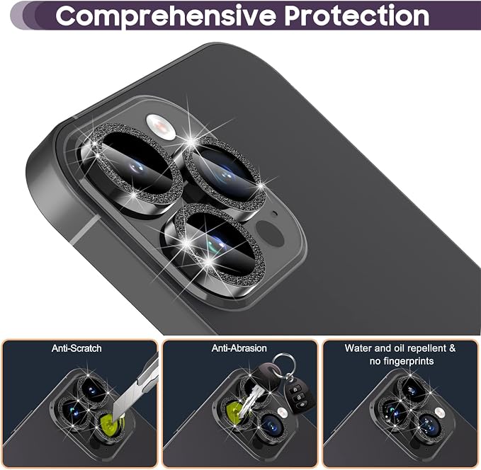 Suoman for iPhone 14 Pro Max / 14 Pro Camera Lens Protector [Diamonds Bling] 9H Tempered Glass Full Coverage Metal Protective Cover - Diamond Black