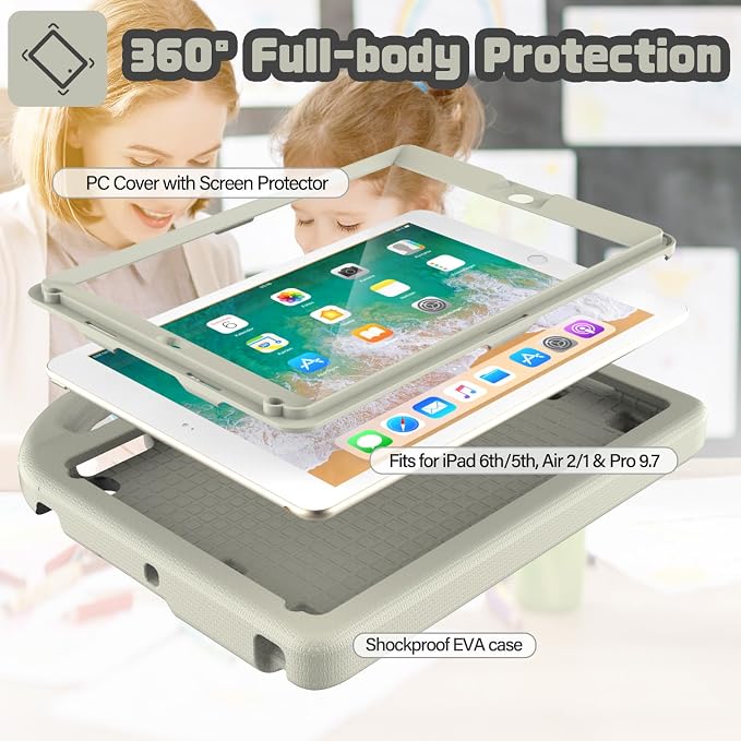 YIHE Shockproof Kids Case for iPad 6th/5th Gen Air 2/1 Pro 9.7 LightBlue | Full-Body Protection Durable Tablet Cover Built-in Screen Protector Stable Stand Lightweight Vibrant Colors