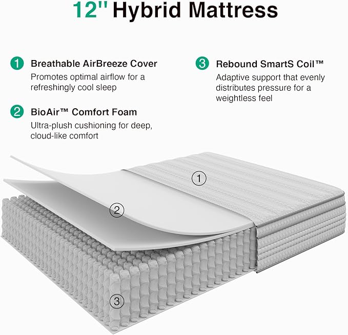 Novilla 12 Inch Queen Mattress, Hybrid Queen Mattresses in a Box with Smarts™ Coil Pocket Spring for Pressure Relief, Medium Firm Colchones with Comfort Foam, CertiPUR-US Certified
