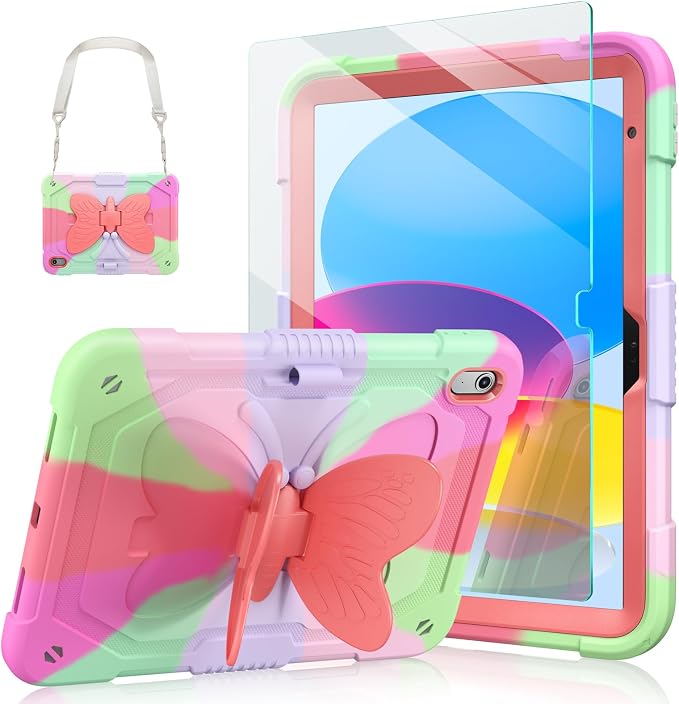 Ambison Kids Case for iPad A16 11th/10th Generation 11''/10.9'' Multicolor | 9H Tempered Glass Screen Protector Butterfly Stand Shoulder Strap Heavy DutyShockproof Pencil Holder