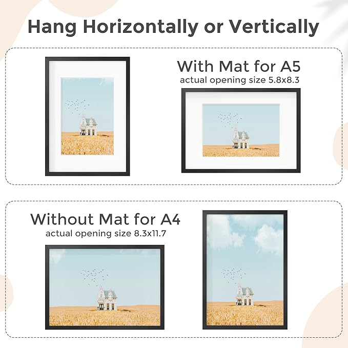 A4 Picture Frame Black - High-End Metal 8.3 x 11.7 Frame Aluminum Frame for Wall, Photo Frame with Mat for A5, 8.25 x 11.75 Poster Frame, Certificate Frame with Glass, Wall Kit, Black