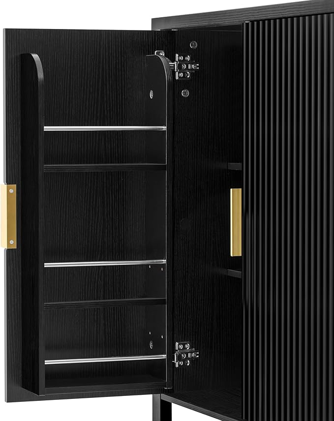57.5'' Modern Console Table Sofa Table with Storage Racks & Side Hooks, Accent Stripe 4-Door Buffet Sideboard Serving Storage Cabinet with Adjustable Shelves for Living Room Kitchen (Black-NEW)