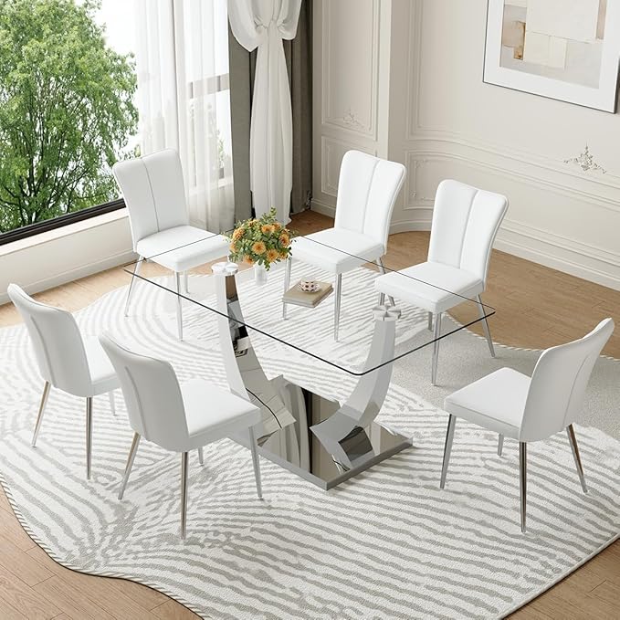 Glass Dining Table Set for 6,Dining Room Table Set for 6,Kitchen Table Set with 6 PU Leather Chairs,63'' Glass Dining Table Set with Silver U-Shaped Table Legs and Rectangular Base