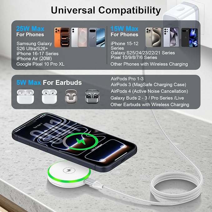 25W Magnetic Wireless Charger for Samsung Galaxy S26 Ultra/S26 Plus/S25/S24/S23/S22/S21/S20 Plus/Magnetic MagSafe Fast Charging Pad for iPhone 17 Pro Max/17e/16/15/14/13/12 Series/AirPods 4/3/2/Pro