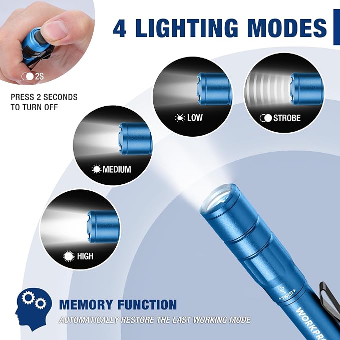 WORKPRO Rechargeable Pen Light 2 Pack Ultra-Compact EDC Flashlight Black | Mini Flashlight Pocket Flashlight with Clip Memory Function and 2 x USB C Cable Included