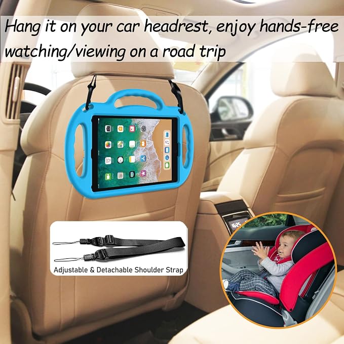 LTROP Kids Case for iPad 5th/6th Generation (2017/2018) &amp Air 2 Shoulder Strap Handle Stand Shockproof Bumper Cute Kid Case for iPad 9.7 Inch Black