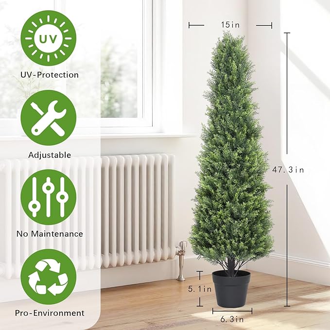 Artificial Cedar Topiary Trees Set of 2, 48'' UV Resistant Faux Cypress Pine Plants Outdoor, 4ft Large Realistic Faux Evergreen Cone Bushes & Shrubs for Front Porch Planter Christmas Decor