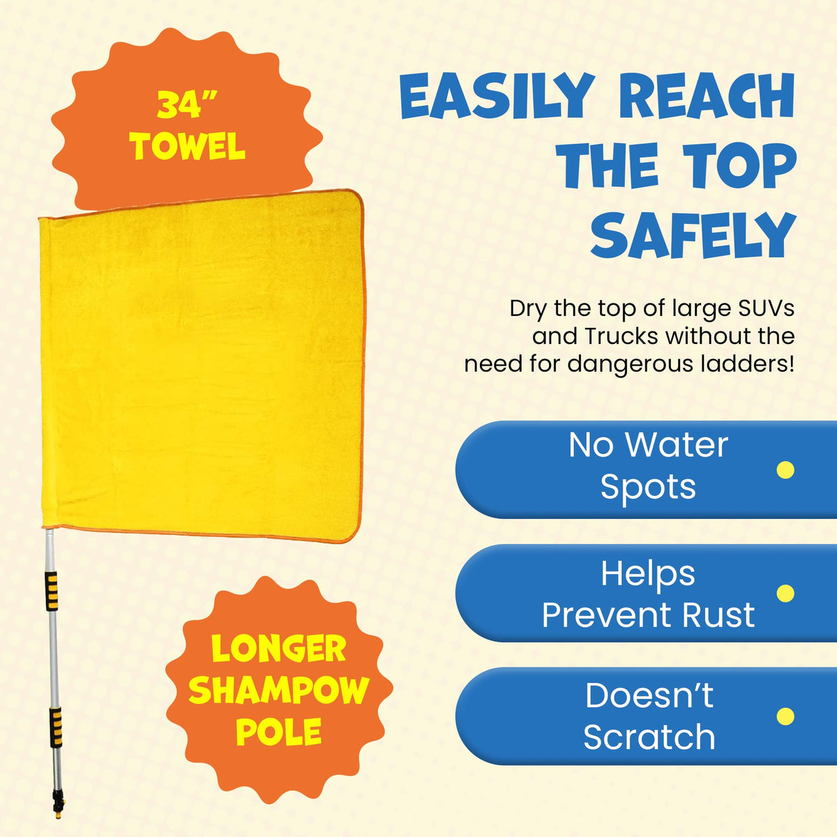 ShamPow 34"x34" Car Drying Towel with Pole, Streak Free, Lint Free, Reusable - Car Accessories, Bath Towels, Microfiber Cleaning Cloth for Car, Truck, SUV - One Pass is All You Need