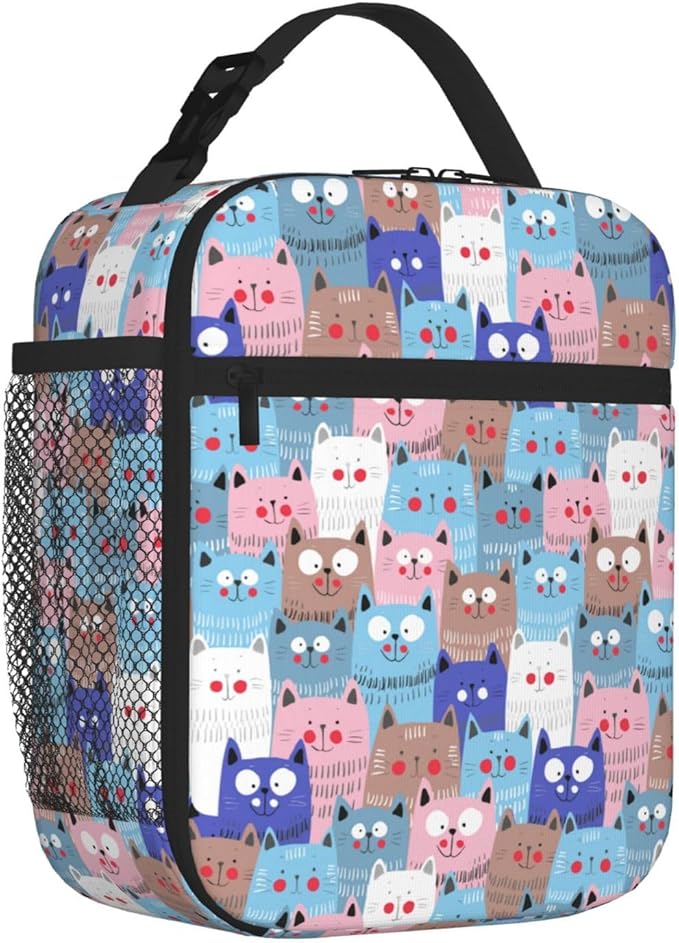 Cute Colorful Cats Insulated Lunch Bag,Kids Lunch Box For Girls Boys Teen,Kid Lunch Box Containers Cooler Bag With Front Pocket For Women Men,Reusable Lunch Tote Bag Lunchbox For School/Work/Picnic