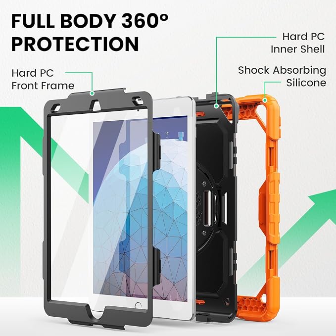 SEYMAC Case for iPad Air 3/ Pro 10.5 inch/Air 3rd Generation 10.5'' Black | Heavy Duty Shockproof Protective Built-in Screen Protector 360° Rotating Stand Hand/Shoulder Strap