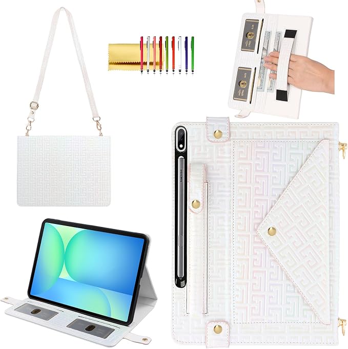 Handbag Case for Samsung Galaxy Tab S10 FE/S9 FE 10.9/S9/S8/S7 11 Techcircle Folio Stand Crossbody Wallet Protective Cover with S Pen Holder &amp Card Slots Hand Strap &amp Shoulder Strap Black