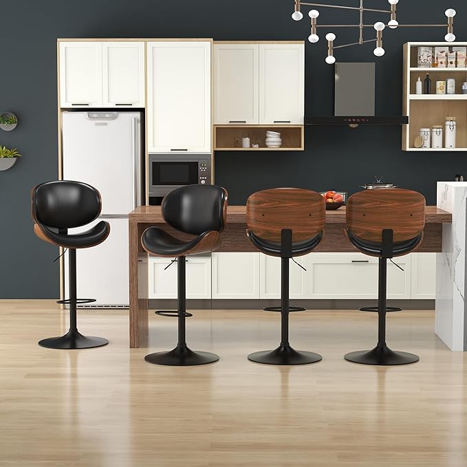KCC Bar Stools, Swivel Adjustable Height Barstools, PU Leather Upholstered Bar Chairs with Footrest, Bentwood Bar Stool for Kitchen, Bar, Dining Room(Black PU)