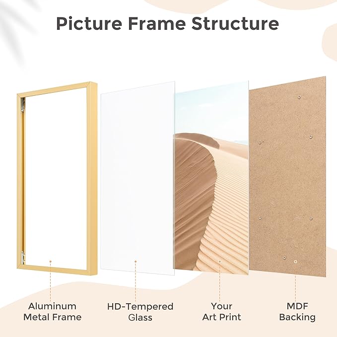 Metal Picture Frame - Gold Aluminum Picture Frames with Real Glass, Wall Mounting Horizontally or Vertically, Simple and Elegant Decor for Wall Gallery Poster Photo 11x6 Frames, Gold