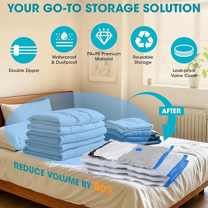 Vacuum Storage Bags with Hand Pump, 12 Jumbo Compression Space Saver Vacuum Seal Bags for Clothing, Travel, Luggage, Comforters, Blankets, Pillows, Bedding, Duvets