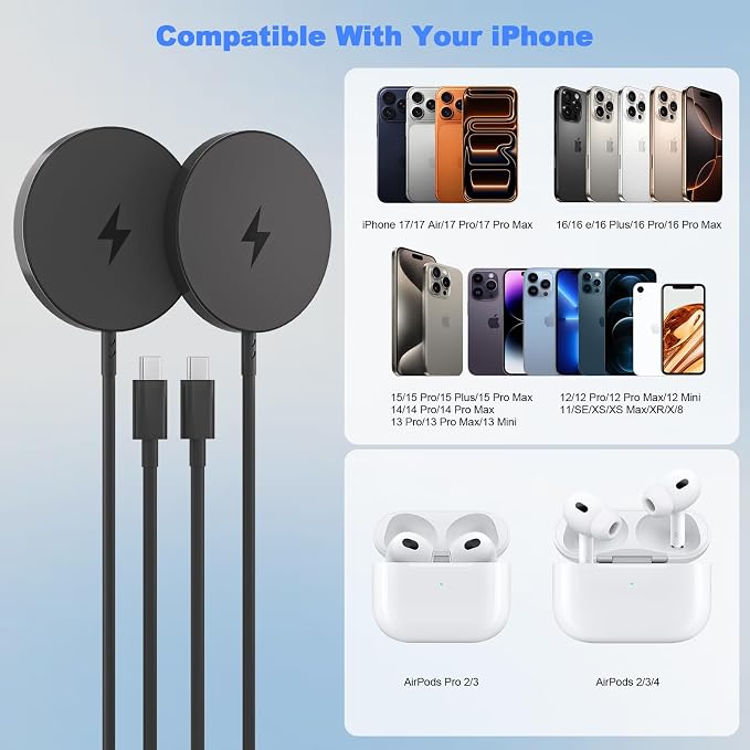 Magnetic Wireless Charger for iPhone 17 162Pack 6FT Wireless iPhone Charging Fast Mag-Safe Charger with Apple USB C Charging Block for iPhone 17 Pro max/17Air/16/15/14/13/12/11/AirPods Pro 3/2-Black