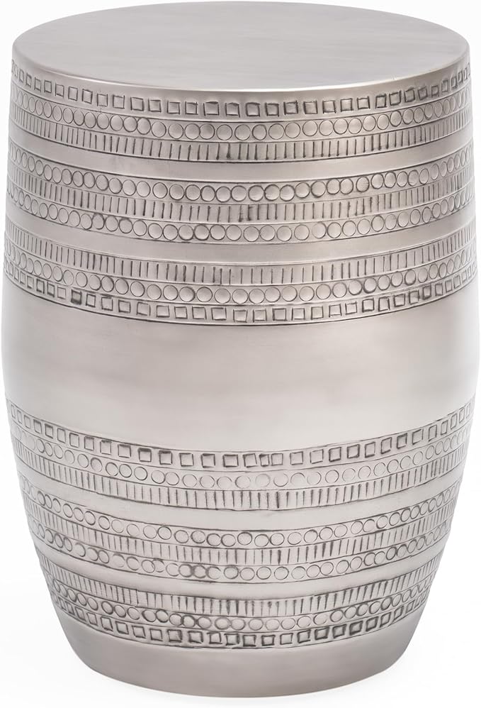 Modern Round Aluminum Hammered Embossed Texturing Metal End Table, Hand-Stamped Iron, Boho Accent Side Table, Drum Shaped, for The Living Room and Bedroom, Silver