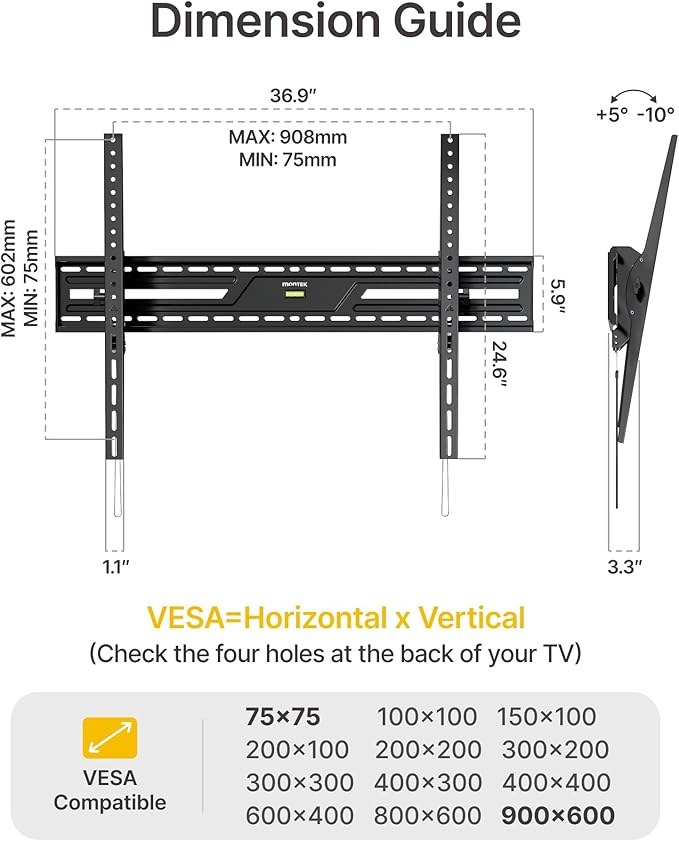 monTEK 15°Full Tilting TV Wall Mount for 50-100 inch Large TVs up to 220 LBS & 900x600mm Vesa, Effortless Tilt & Lock Heavy Duty TV Wall Mount Fits 32″/24″/18″/16″ Wood Studs TM1005W-LT