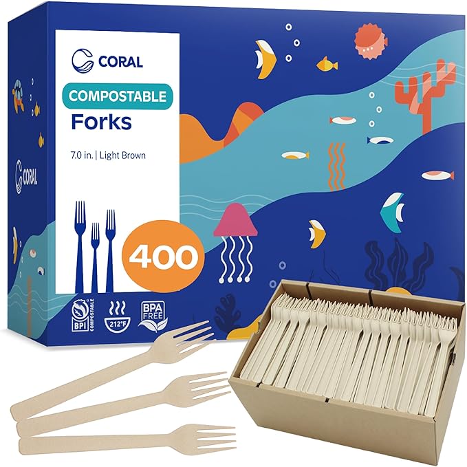 CORAL Light Brown 100% Compostable Forks - 400 Heavy Duty Forks (7.0 inch) - Break Resistant with Smooth Edges, Ocean Friendly Alternative to Plastic Silverware - Biodegradable & Disposable Forks