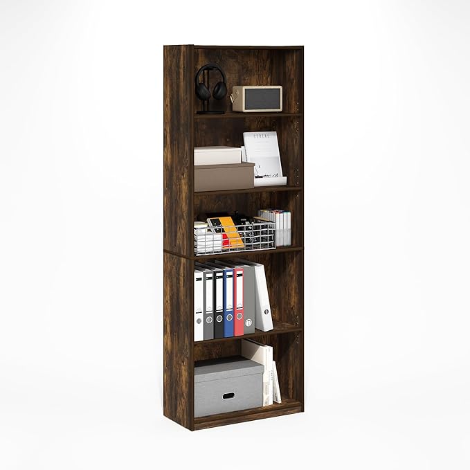Furinno GEHRY Book Shelf, 5-Tier Bookshelf, Bookcase with Adjustable Shelves, 11.6 x 24.8 x 71.4, for Living Room, Bedroom, Home Office, Amber Pine