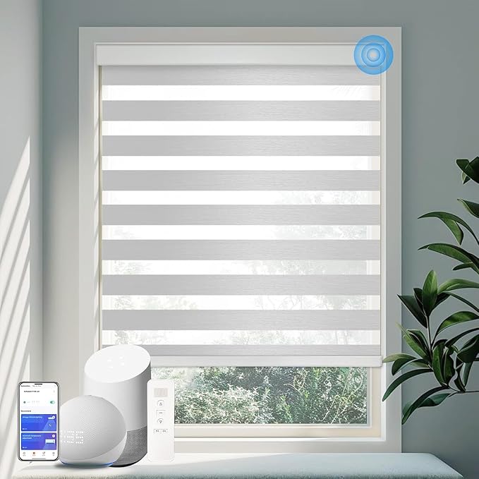 COOLWINDS Motorized Zebra Blinds for Windows Cordless Electric Curtains with Remote Control Blackout Shades Custom Smart Blinds Compatible with Alexa Google Home(Light Filtering Grey,Custom)