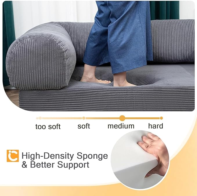 COMAX Futon Sofa Bed, 4-in-1 Floor Foldable Sofa Couch Queen with L-Shaped Armrests, Convertible Folding Chair Bed Sleeper Mattress Fold Out Comfy Lounge for Living Room Bedroom, Grey