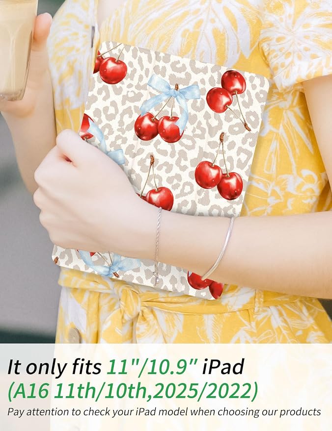 Case for iPad 9th/ 8th/ 7th Generation Case 10.2&amp10.5 Inch (2021/2020/2019 Release) Slim Lightweight Soft Trifold Back Cover with Pencil Holder &amp Auto Sleep/Wake Cover Cherries Cheetah Bows