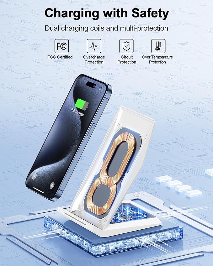 NANAMI Fast Wireless Charger - Qi Certified Charging Stand 7.5W Compatible iPhone 16/16 Plus/16 Pro/16 Pro Max/15/14/13/12,10W for Samsung Galaxy S24/S24 Ultra//S23/S22/21/S20 and Qi-Enabled Phones