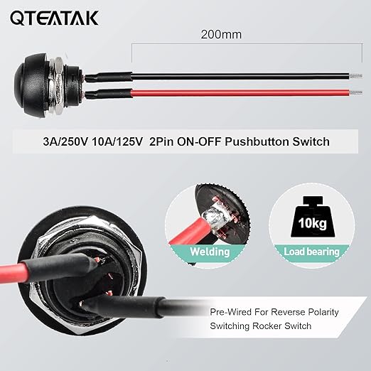QTEATAK 1/2"(12mm) Pre-Wired Mounting Hole On/Off Mini Round Waterproof Momentary Push Button Switch JF-33B -2Pack