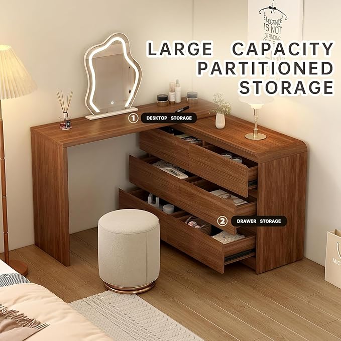 Makeup Vanity Desk with Cloud Shape Touch Screen Mirror, 50-94 in Adjustable Vanity Table Set with Chair, Bedroom Elegant Dressing Table for Women with 6-Drawer Rounded Corners Storage Cabinet, Brown