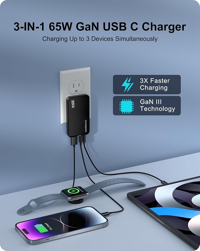 Flat USB Wall Charger 3 Ports Ultra-Slim Fast Wall Charger for Pixelbook iPad Pro iPhone 17/16/15/14 Black