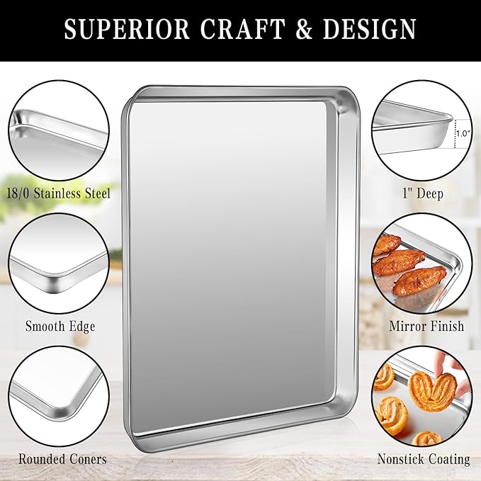 Jelly Roll Pan Set of 2, 15.9” x 12” Stainless Steel Cookie Sheets for Baking, Non Stick Baking Sheets for Oven Heavy Duty Baking Trays