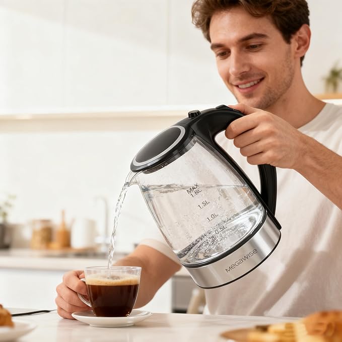 MEGAWISE 1.8L Electric Glass Kettle with Auto Shut-Off and Blue LED