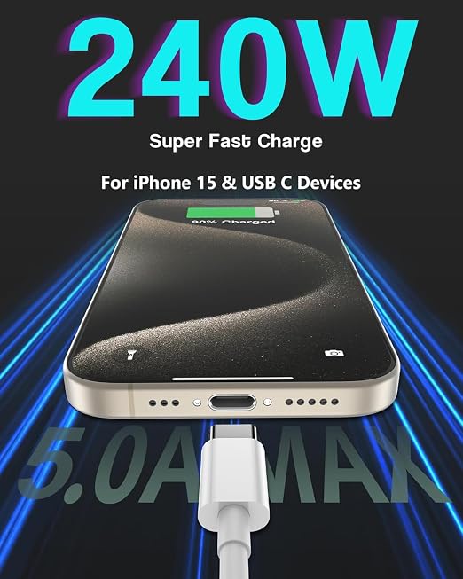 USB C to USB C 240W USB C Cable 2-Pack 10ft C to C Cable Fast Charging for MacBook Pro/MacBook Air iPad Pro/iPad Air iPhone 16 15 Pro Max Plus Samsung GalaxyCompatible 140W/100W/65W/45W/35W/20W