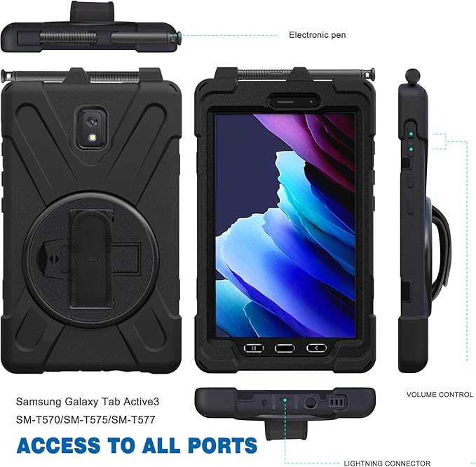 Samsung Galaxy Tab Active3/Active5 8.0 Case with 360 Stand Handle Hand Strap &amp Shoulder Strap for Samsung Galaxy Tab Active5 8 2024 Active3 8 2020 SM-X300/X307/T570/T577 (Black)