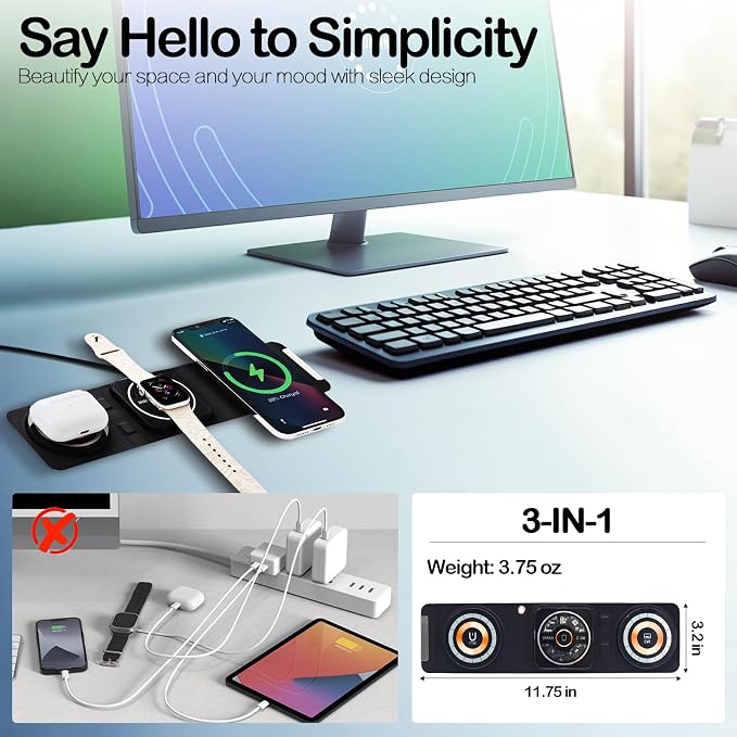Fold 'N Style 3-in-1 Foldable Magnetic Wireless Charger Keychain 15W Travel Fast Charger for iPhone 15/14/13/12 Pro/Max/Plus Apple Watch AirPods Samsung Galaxy/Note Charge 2 Phones Simultaneously