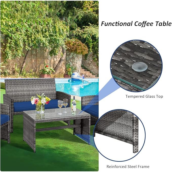 Tangkula 4 PCS Wicker Patio Conversation Set, Outdoor Rattan Sofas with Table Set, Patio Furniture Set with Soft Cushions & Tempered Glass Coffee Table for Poolside Balcony