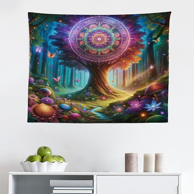 Ambesonne Nature Tapestry, Wonderland Forest Tree Trippy Mandala Floral with Butterfly Ensemble Dream, Fabric Wall Hanging Decor for Bedroom Living Room Dorm, 28" X 23", Indigo Green Aqua