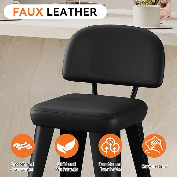 Aklaus PU Leather Metal Bar Stools 26 inch Faux Leather Counter Height Barstools Set of 2 Modern Farmhouse Bar Chairs with High Backs and Faux Leather Seat for Kitchen Island Dining Room Matte Black