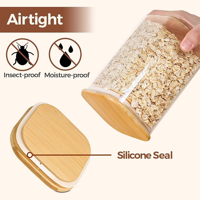 ComSaf Food Storage Containers with Airtight Lids Set of 6, Clear Glass Canister Food Jar with Sealing Lid Kitchen Pantry Storage Container for Spaghetti Pasta Sugar Flour Oat Cereal Beans, Square