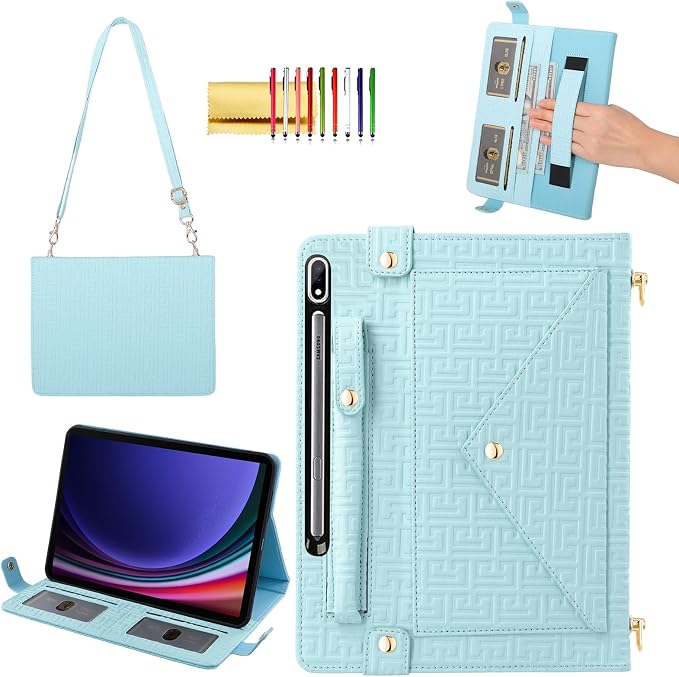 Handbag Case for Samsung Galaxy Tab S10 FE/S9 FE 10.9/S9/S8/S7 11 Techcircle Folio Stand Crossbody Wallet Protective Cover with S Pen Holder &amp Card Slots Hand Strap &amp Shoulder Strap Black