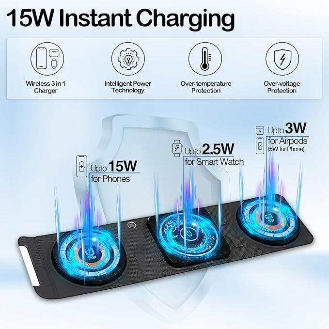 Fold 'N Style 3-in-1 Foldable Magnetic Wireless Charger Keychain 15W Travel Fast Charger for iPhone 15/14/13/12 Pro/Max/Plus Apple Watch AirPods Samsung Galaxy/Note Charge 2 Phones Simultaneously