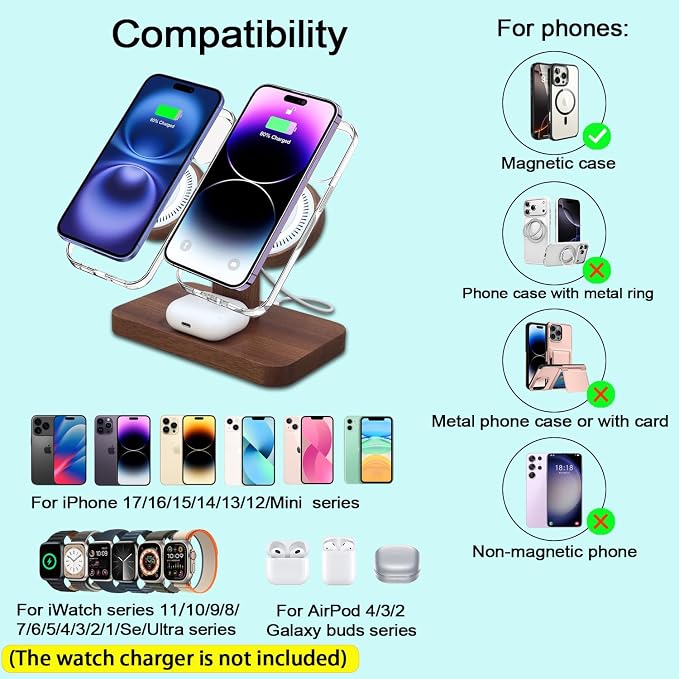 3 in 1 Wireless Charging Station for Apple Devices 24W Dual Phone Charging Station for 2 iPhone 17 16 15 14 13 12 Series iWatch 11 10 9 8 7 6 5 4 AirPod Magnetic Wireless Phone Charger Stand