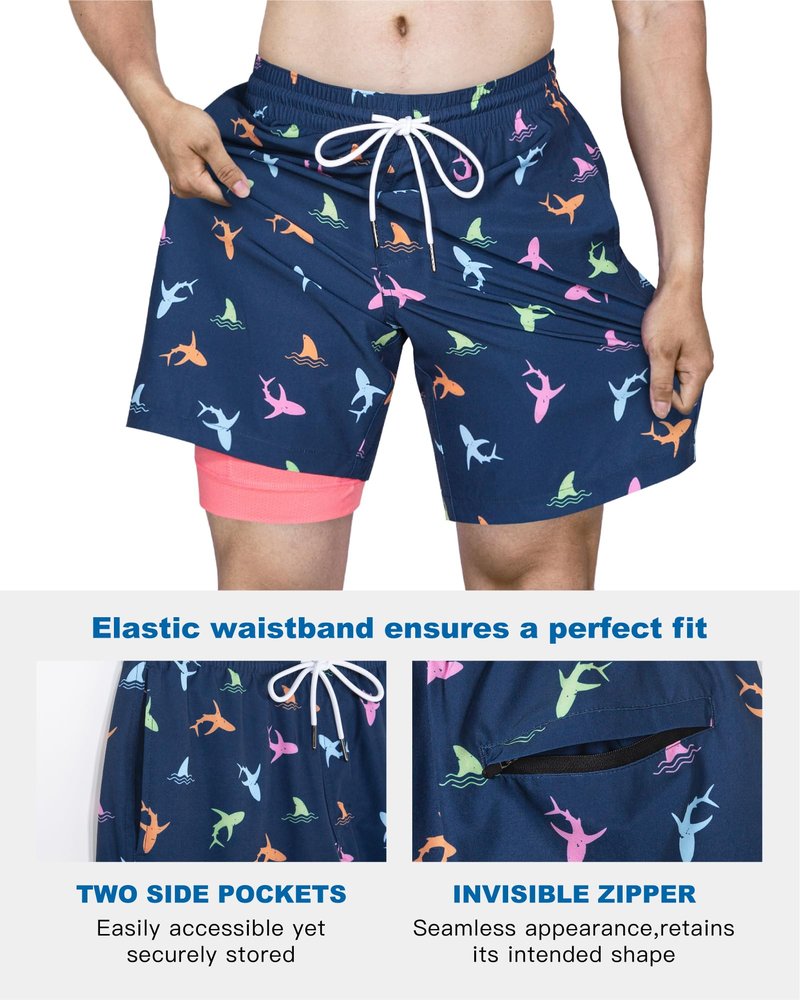 SURF CUZ Men's Mariner Doodles 7" Quick Dry Swim Trunks with Compression Liner, Zipper Pockets, Blue, Size S