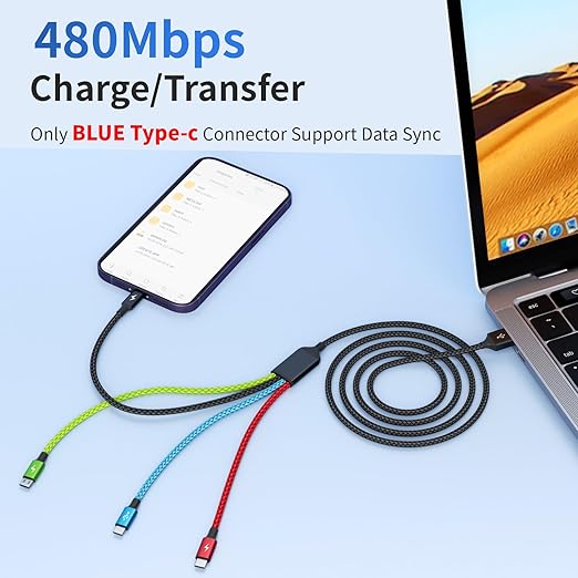 4 in 1 Multi Charging Cable 2 Pack 6FT Charging Cords for Devices | Nylon Braided USB C Car Charger Cable with Dual USB-C IP &amp Micro Ports Long Travel Charging Cord for Cars
