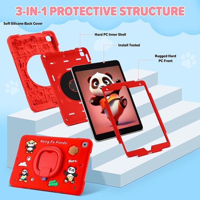 Case for iPad A16 11th Generation 11 Inch 2025 iPad 10th Generation 10.9 Inch 2022 Silicone 3D Panda Design Kids Case Heavy Duty Protection with Kickstand/Pencil Holder/Strap