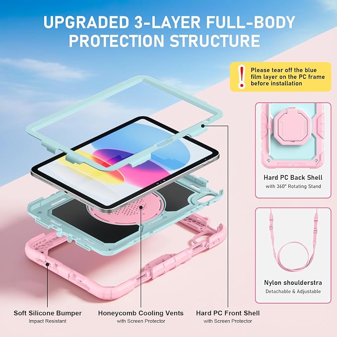Case for iPad (A16) 11th/10th Generation 11/10.9 2025/2022 Black | Full-body Heavy Duty iPad A16 Case for Adults Kids with Screen Protector 360° Rotating Stand Shoulder Strap Pencil Holder