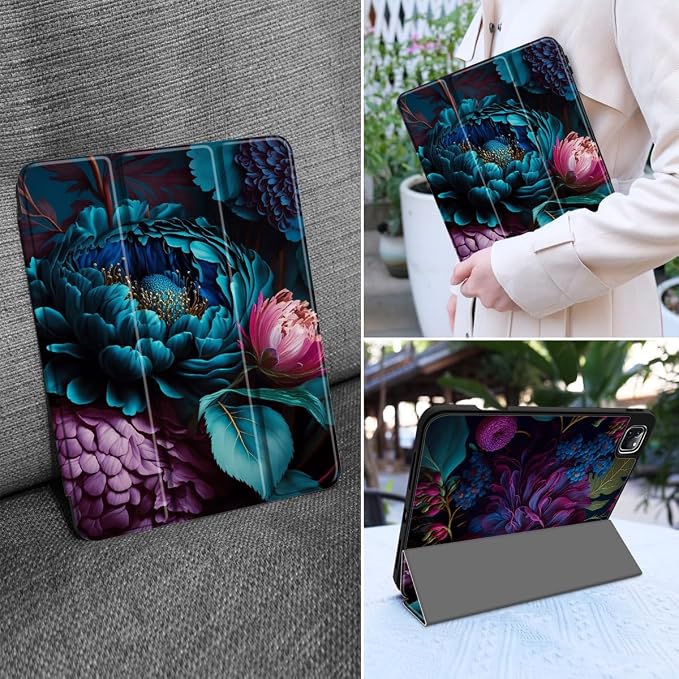 MEEgoodo for iPad Pro M2 12.9 Case 6th/5th/4th/3rd Generation 2022 2021 2020 2018 with Pencil Holder Tablet Cover with Soft TPU Back Shell Art Painted Flowers