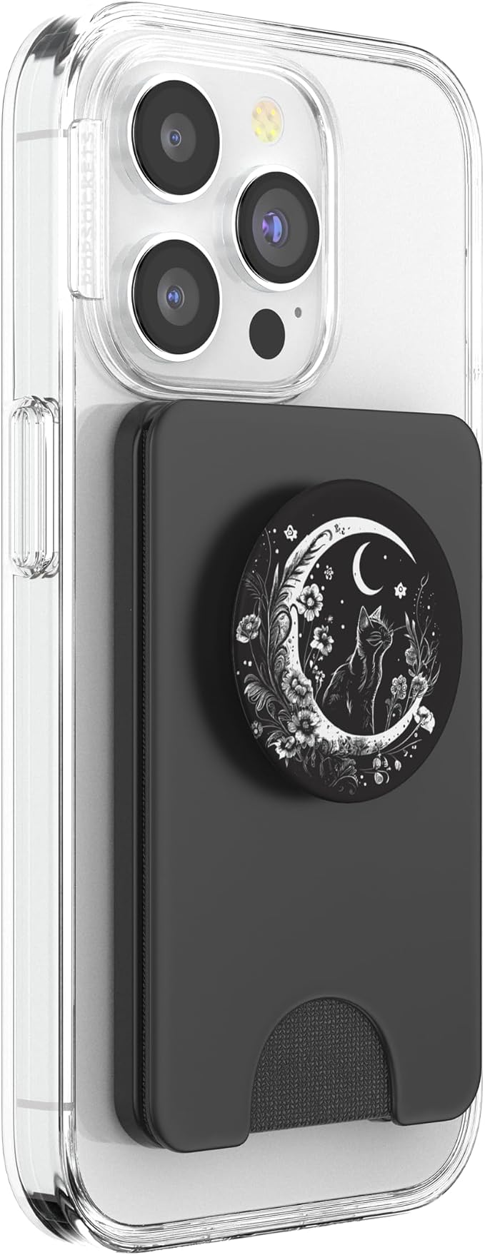 Cat Sitting On Crescent Moon Flowers Stars Drawing PopSockets Adhesive PopGrip